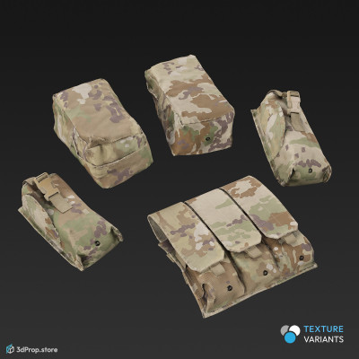 3D scan of tactical modular pouches in four different camouflage textures, alias MOLLE bags (Modular Lightweight Load carrying equipment).