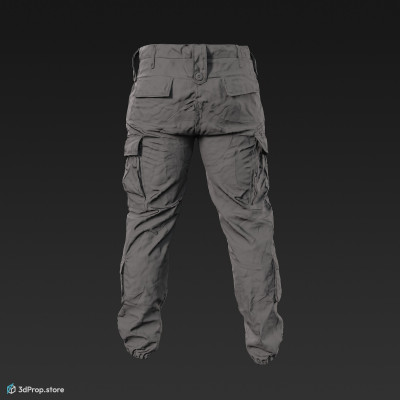 3D scan of a military trousers with a camouflage pattern, long legs and loose fitting, as well as plenty of hidden pockets for storing gears, from 2020, USA.