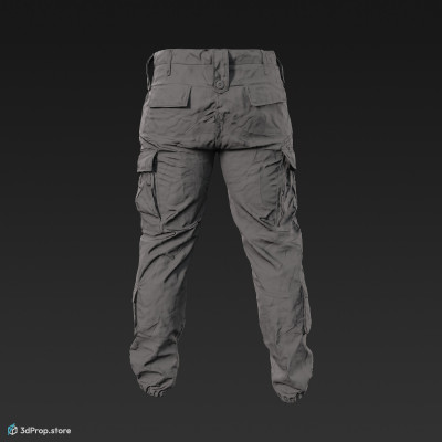 3D scan of a military trousers with 4 different camouflage patterns, long legs and loose fitting, as well as plenty of hidden pockets for storing gears, from 2020, USA.