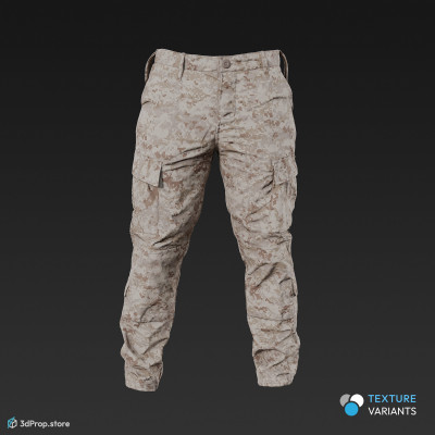 3D scan of a military trousers with 4 different camouflage patterns, long legs and loose fitting, as well as plenty of hidden pockets for storing gears, from 2020, USA.