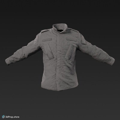 3D scan of a military jacket with a camouflage pattern, long sleeves and a high neckline, as well as plenty of hidden pockets for storing gears, from 2020, USA.