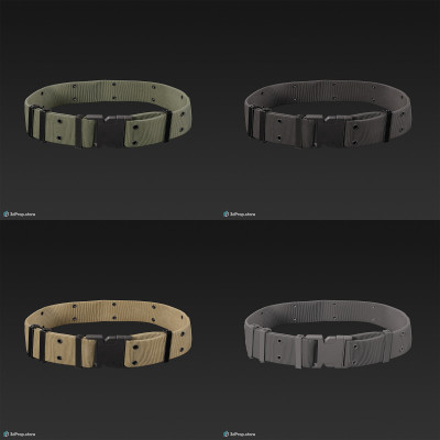 3D scan of a military belt in three different color variations with a strong elasticated grip, large buckles and made of high-quality, durable materials such as canvas, webbing and leather from 2021, USA.