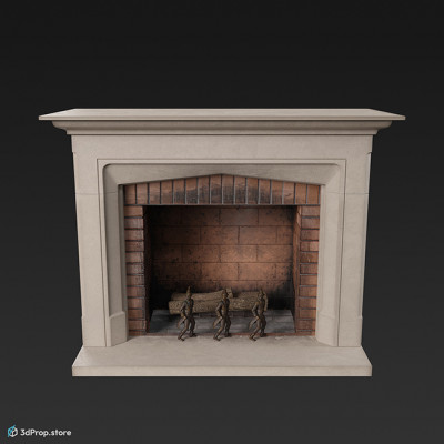 3D model of a fireplace with a white stone exterior and a sooty brick interior, with stone elf sculptures on the front to hold the firewood inside the fireplace, from 2023, Europe.