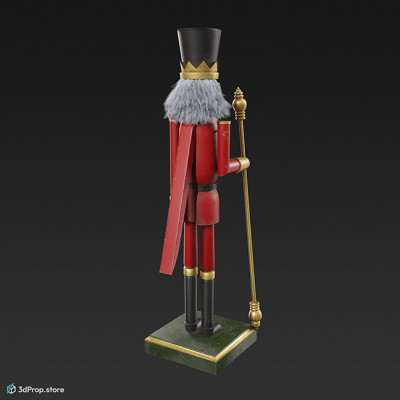3D model of a painted, wooden nutcracker in a red uniform with a black moustache and a white beard and hair made of fur, holding a golden stick in his hand, from 2023, Europe.
