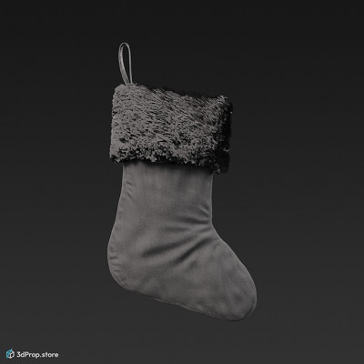 3D model of a classic Christmas stocking in red velvet, with a white plush lapel and a hook to hang over the fireplace, from 2023, Europe.
