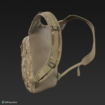 3D scan of a military backpack made of nylon material with a camouflage pattern, lots of straps, belts and pockets, from 2020, USA.