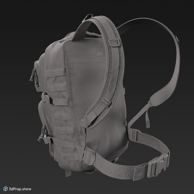3D scan of a sand coloured big military backpack with lots of straps, belts and pockets, from 2020, USA