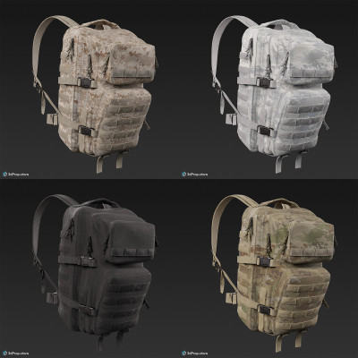 3D scan of a big military backpack in 4 different camouflage pattern variations and with lots of straps, belts and pockets, from 2020, USA