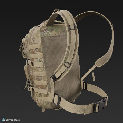 3D scan of a sand coloured big military backpack with lots of straps, belts and pockets, from 2020, USA