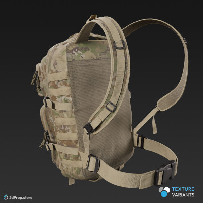 3D scan of a big military backpack in 4 different camouflage pattern variations and with lots of straps, belts and pockets, from 2020, USA