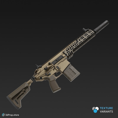 3D model of a modern semi-automatic firearm in different color variations with a long barrel and a modular design that allows easy replacement of the rifle parts, from 2023, USA.