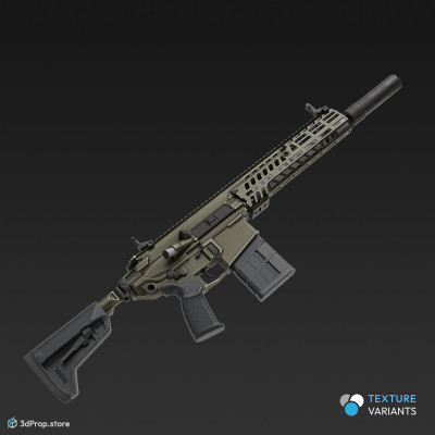 3D model of a modern semi-automatic firearm in different color variations with a long barrel and a modular design that allows easy replacement of the rifle parts, from 2023, USA.