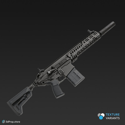3D model of a modern semi-automatic firearm in different color variations with a long barrel and a modular design that allows easy replacement of the rifle parts, from 2023, USA.