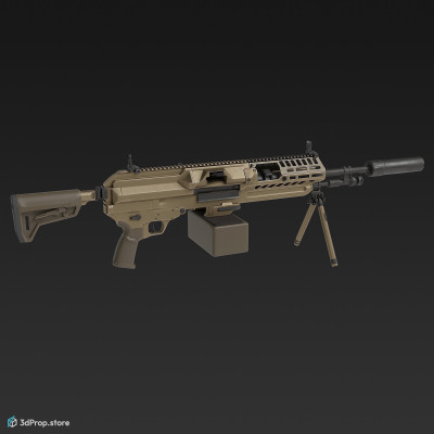 3D model of a sand-coloured automatic rifle with inserted ammunition belt, with aluminium and steel main parts and with plastic grip and barrel, from 2023, USA.
