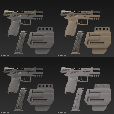 3D model of a handgun with different color / texture variations, used by military and law enforcement units worldwide, from 2023, USA.