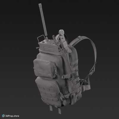 3D model of a large, operational camouflage patterned backpack with military radio equipment hanging from the roof and the radio set has a long antenna. 2023 USA