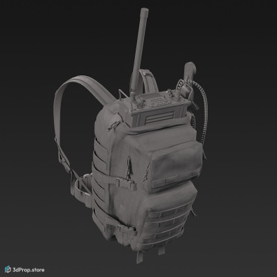 3D model of a large sized backpack in four camouflage pattern variations and with a military radio equipment hanging from the roof and the radio set has a long antenna. 2023 USA