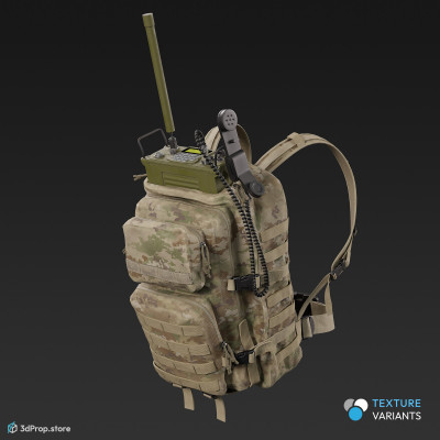 3D model of a large sized backpack in four camouflage pattern variations and with a military radio equipment hanging from the roof and the radio set has a long antenna. 2023 USA