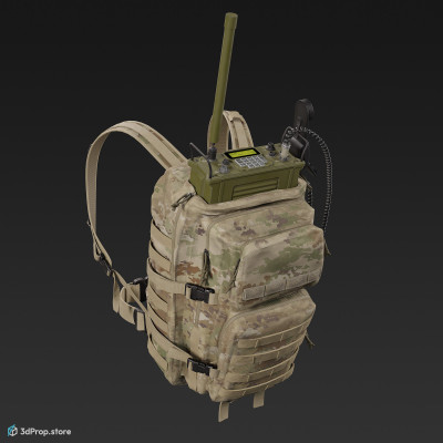 3D model of a large, operational camouflage patterned backpack with military radio equipment hanging from the roof and the radio set has a long antenna. 2023 USA