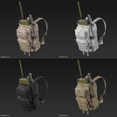 3D model of a large sized backpack in four camouflage pattern variations and with a military radio equipment hanging from the roof and the radio set has a long antenna. 2023 USA