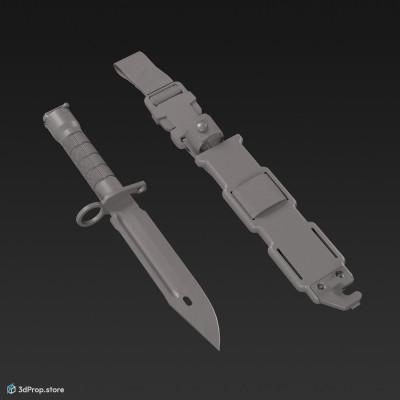 3D model of a sand-coloured bayonet with a sheath with a built-in sharpener and a handle made of impact-resistant polymer, from 2020, USA.