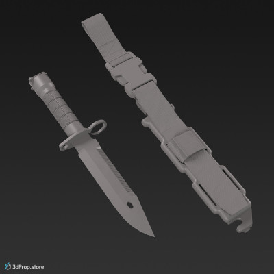 3D model of a modern military bayonet with three different color variations, with a sheath, with a built-in sharpener and a handle made of impact-resistant polymer, from 2020, USA.