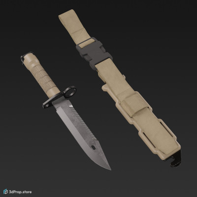 3D model of a sand-coloured bayonet with a sheath with a built-in sharpener and a handle made of impact-resistant polymer, from 2020, USA.