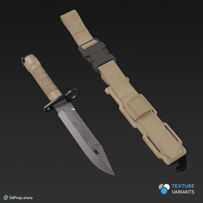 3D model of a modern military bayonet with three different color variations, with a sheath, with a built-in sharpener and a handle made of impact-resistant polymer, from 2020, USA.