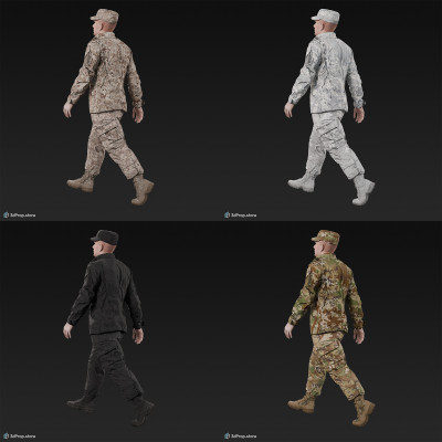 3D model of a walking cadet in military uniform with four camouflage pattern variations, from 2020, USA.