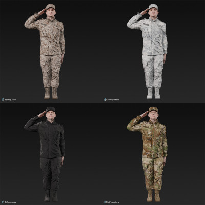 3D model of a saluting cadet in military uniform with four camouflage pattern variations, from 2020, USA.
