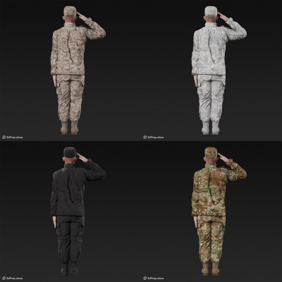 3D model of a saluting cadet in military uniform with four camouflage pattern variations, from 2020, USA.