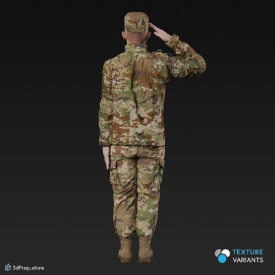3D model of a saluting cadet in military uniform with four camouflage pattern variations, from 2020, USA.