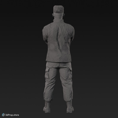 3D model of a standing cadet with arms crossed in military uniform with four camouflage pattern variations, from 2020, USA.