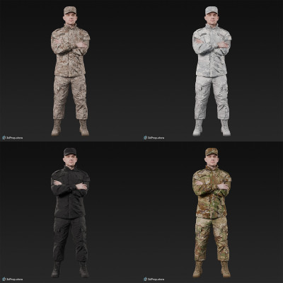 3D model of a standing cadet with arms crossed in military uniform with four camouflage pattern variations, from 2020, USA.