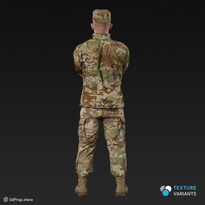 3D model of a standing cadet with arms crossed in military uniform with four camouflage pattern variations, from 2020, USA.