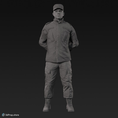 3D model of a standing cadet in military uniform with four camouflage pattern variations, from 2020, USA.