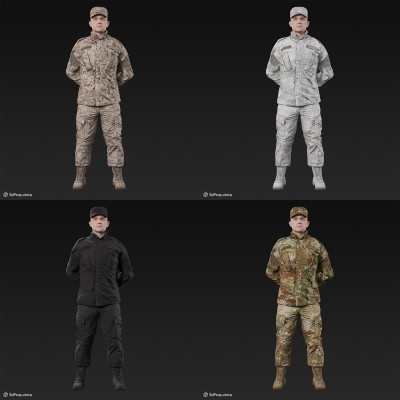 3D model of a standing cadet in military uniform with four camouflage pattern variations, from 2020, USA.