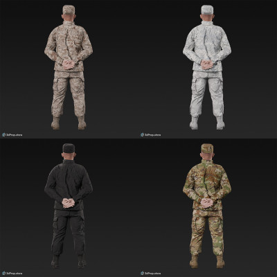 3D model of a standing cadet in military uniform with four camouflage pattern variations, from 2020, USA.