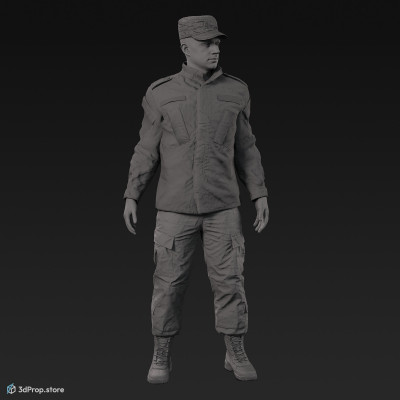 3D model of a stading cadet in military uniform with four camouflage pattern variations, from 2020, USA.