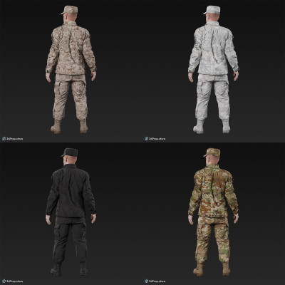 3D model of a stading cadet in military uniform with four camouflage pattern variations, from 2020, USA.