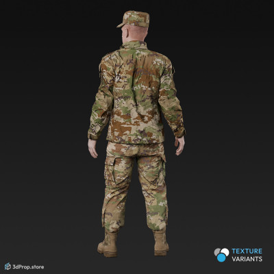 3D model of a stading cadet in military uniform with four camouflage pattern variations, from 2020, USA.