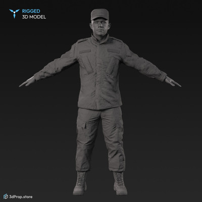 3D scan of a male soldier, in operational camouflage pattern military uniform and cap, standing in an A-pose, from 2020, USA. His uniform made of cotton, polyester and nylon.