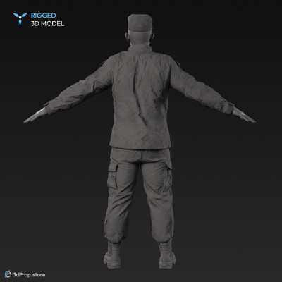 3D scan of a male soldier, in operational camouflage pattern military uniform and cap, standing in an A-pose, from 2020, USA. His uniform made of cotton, polyester and nylon.
