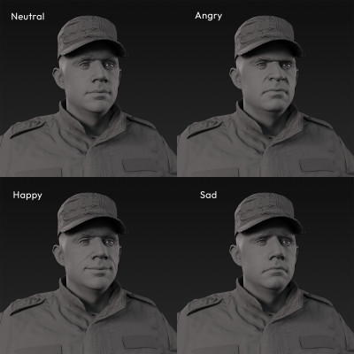 3D scan of a male soldier, in four different camouflage patterned military uniform and cap, standing in an A-pose, from 2020, USA. His uniform made of cotton, polyester and nylon.