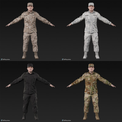 3D scan of a male soldier, in four different camouflage patterned military uniform and cap, standing in an A-pose, from 2020, USA. His uniform made of cotton, polyester and nylon.