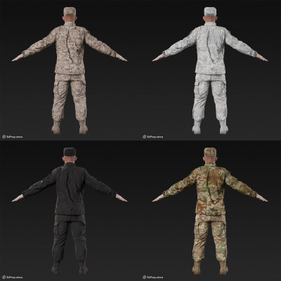 3D scan of a male soldier, in four different camouflage patterned military uniform and cap, standing in an A-pose, from 2020, USA. His uniform made of cotton, polyester and nylon.