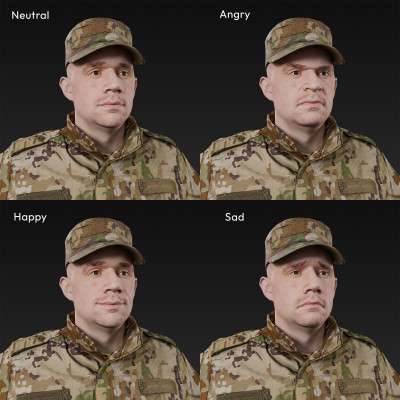 3D scan of a male soldier, in four different camouflage patterned military uniform and cap, standing in an A-pose, from 2020, USA. His uniform made of cotton, polyester and nylon.