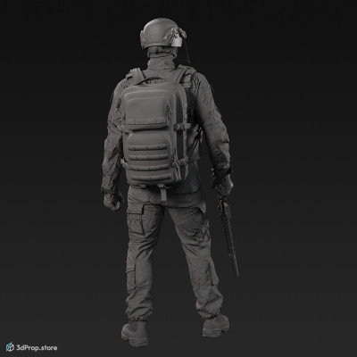 3D model of a standing soldier in military uniform with four camouflage pattern variations, while holding a weapon with one hand, next to his body, from 2020, USA.