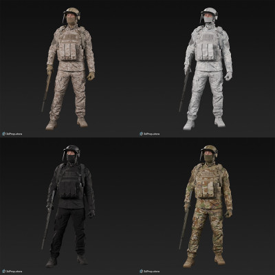 3D model of a standing soldier in military uniform with four camouflage pattern variations, while holding a weapon with one hand, next to his body, from 2020, USA.