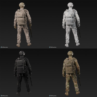 3D model of a standing soldier in military uniform with four camouflage pattern variations, while holding a weapon with one hand, next to his body, from 2020, USA.